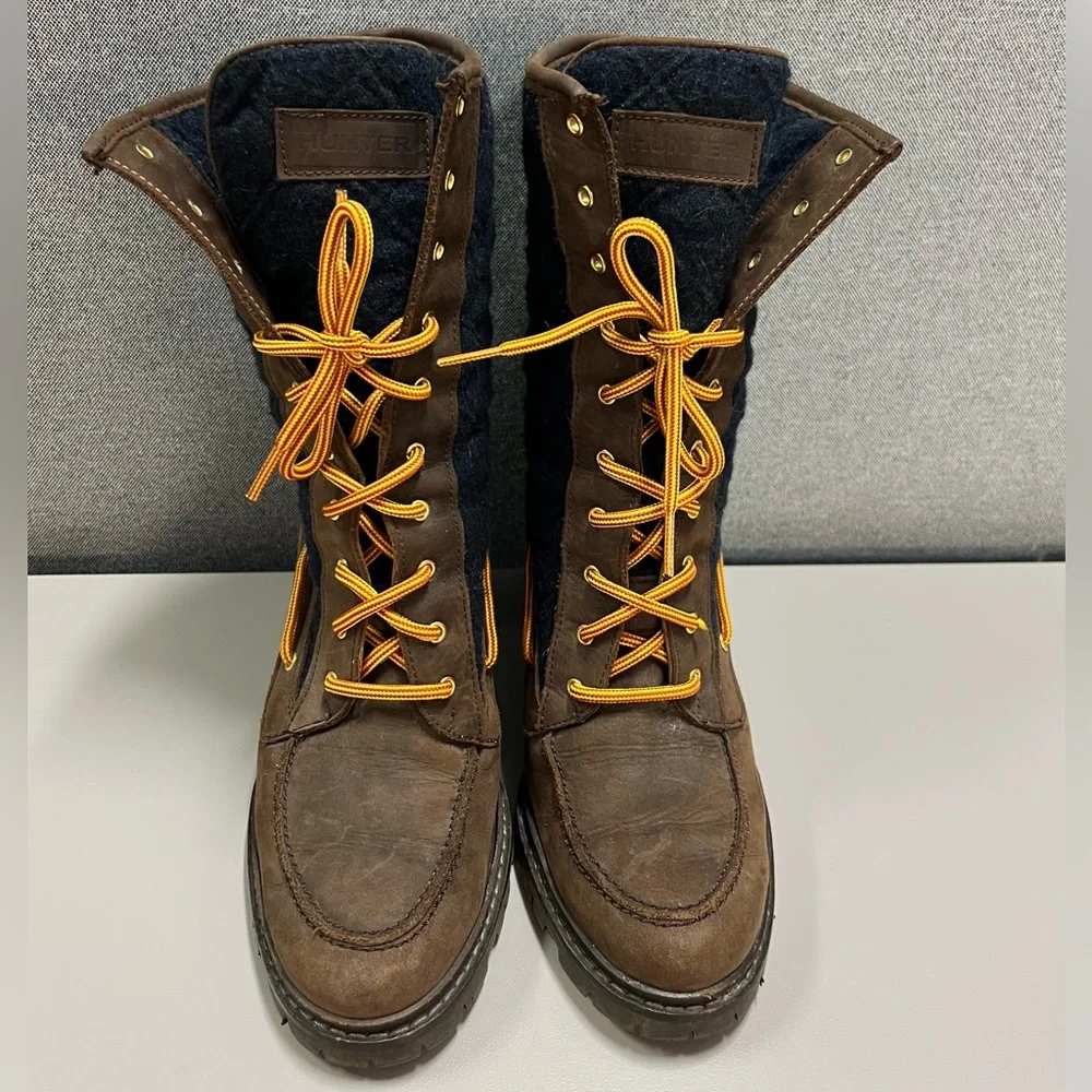 Hunter Henson Boots Navy Quilted Brown Oiled Leather Heeled Size 38 - Picture 4 of 14